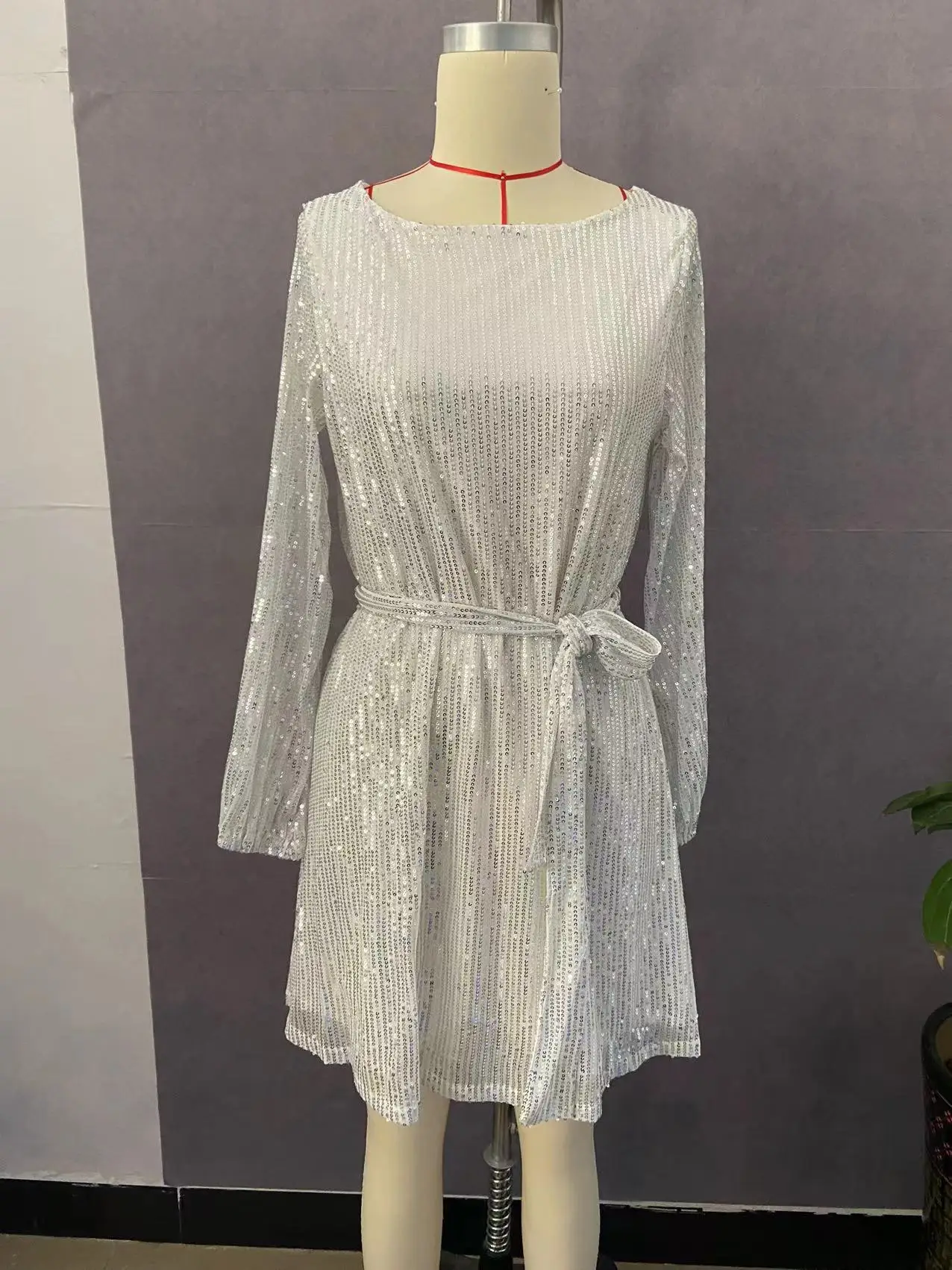 Sparkly Puff Long Sleeve Party Dress with Belt for Women Glitter Beaded Mini Dress Loose Wedding Bridesmaid Ladies Short Dresses