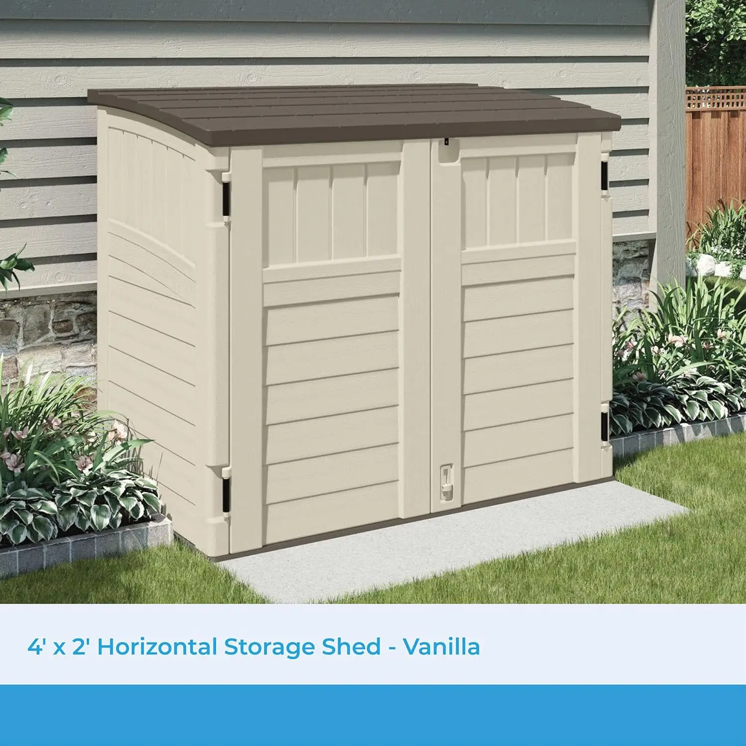 Cu Ft Capacity Horizontal Outdoor Storage Shed for Garbage Cans, Garden Accessories, Backyard, and Patio Use, Vanilla