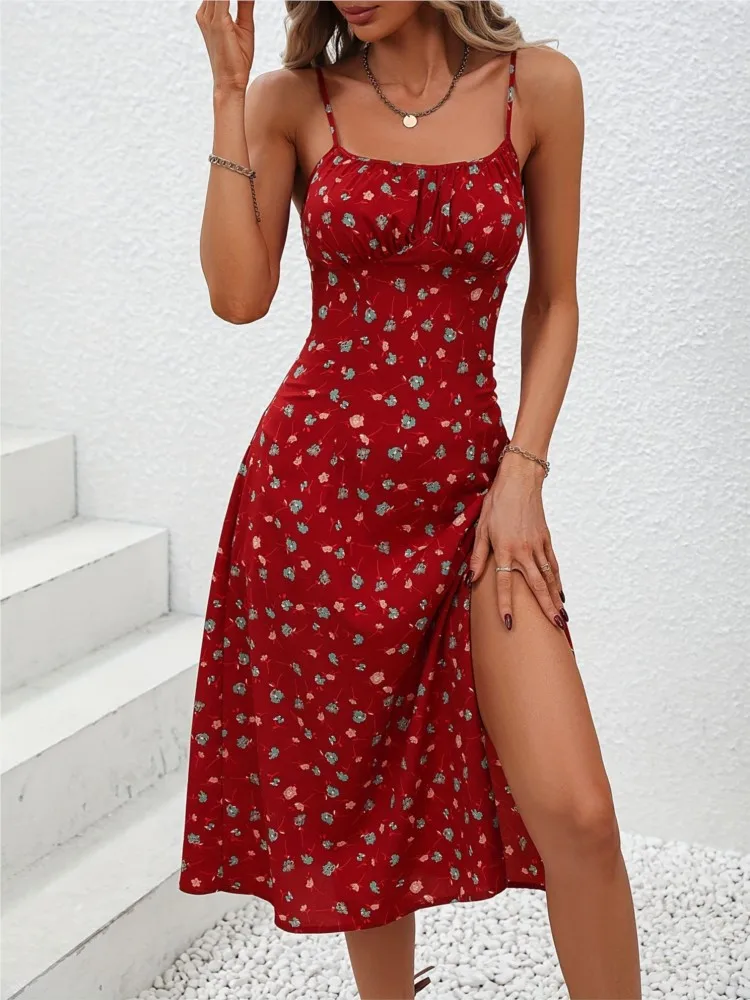 

New Summer Sexy Spaghetti Straps Dress Women Fashion Polka Dot Print Sleeveless Slit Dress Boho Casual Beach Midi Dresses