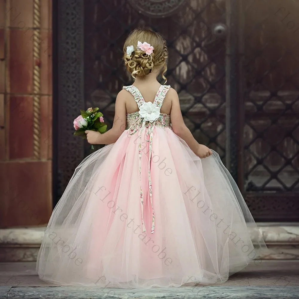 Customized Pink Flower Girl Dress Ball Gown Floor Length Square Neck Sleeveless Tulle Floral Print Bow Wedding Party Gown