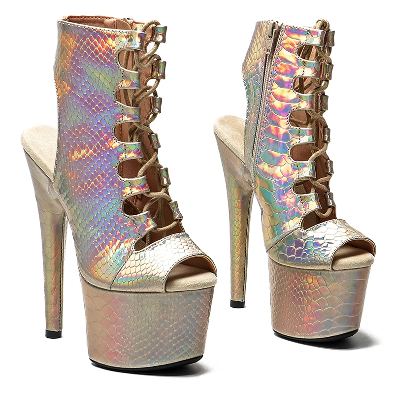 Leecabe  17CM/7inches Shiny Snake PU upper Trendy fashion ankle boots High Heel platform  stripper heel Pole Dance boot