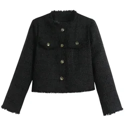 Manteau court en tweed socialite pour femmes, vêtements haut de gamme, fouet haut noir, blazer élégant, jupe coréenne