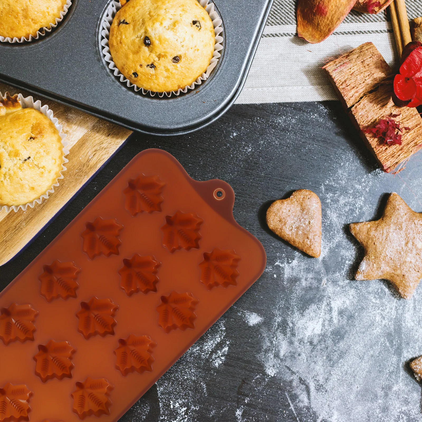 6 Buah Cetakan Cokelat Silikon Bentuk Daun Maple Kartun Alat Panggang untuk Permen Kue Fondant Pemodelan Cetakan Cokelat