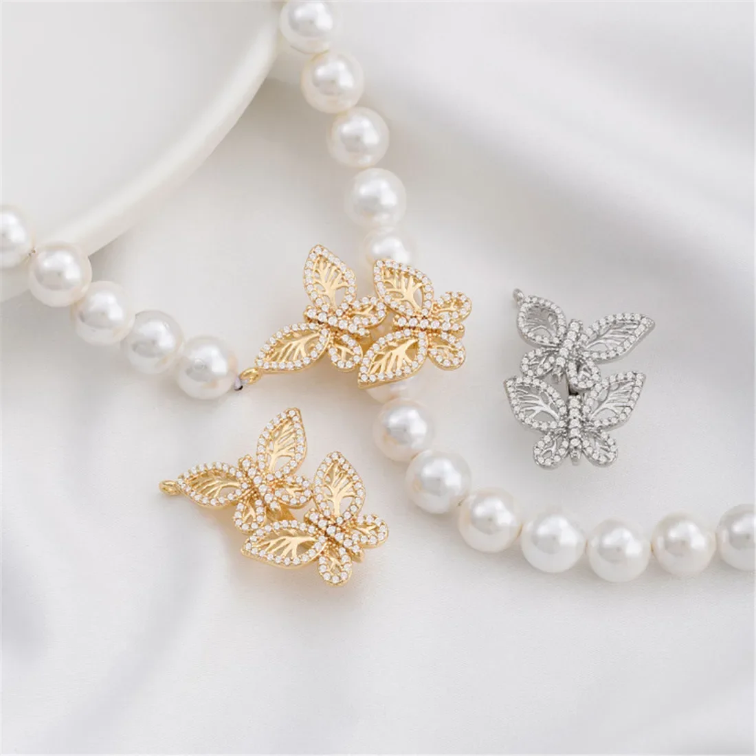 

14K Gold-plated Zircon Double Butterfly Clip Buckle Jewelry Diy Pearl Necklace Buckle Sweater Chain Pendant Buckle Accessories