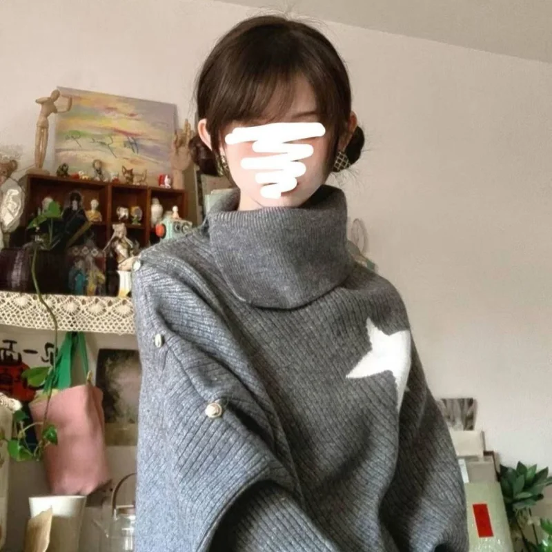 

ay High Collar Cloak Top Women Loose Early Autumn New Design Lazy Asymmetric Star Knitted Sweater Long Sve Ladies Faion