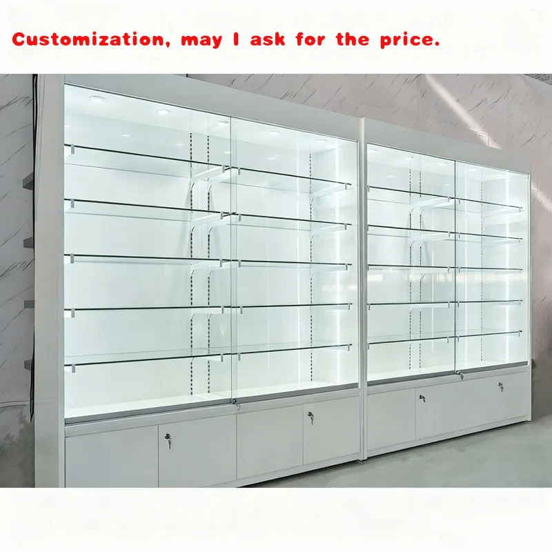 

Изготовленная на заказ. Роскошная витрина из белого стекла для демонстрации косметического корпуса. Полки для магазина по индивидуальному заказу. Шкаф с деревянной полкой.