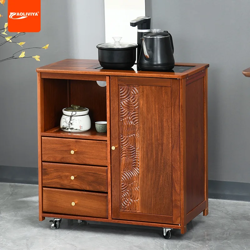 AOLIVIYA Kabinet Teh Bergerak Ruang Tamu Meja Teh Ketel Set Teh Kantor Kayu Solid Terintegrasi Meja Kopi Kayu Solid Merah