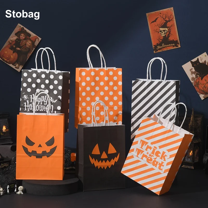 

StoBag 12/24pcs Happy Halloween Kraft paper Gift Tote Bags Packaging Child for Candy Snack Storage Pouch Trick or Treat Favors