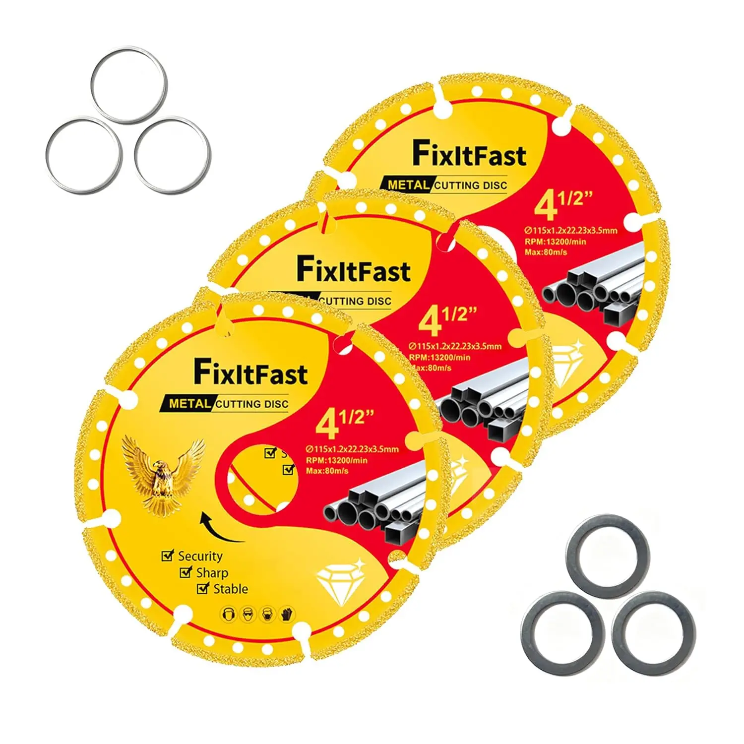 

Diamond Metal Cutting Wheel 4 1/2 in, 7/8 Arbor, 6000+ Cuts on Rebar, Stainless Steel, Angle Iron, Aluminum - 3 Pack