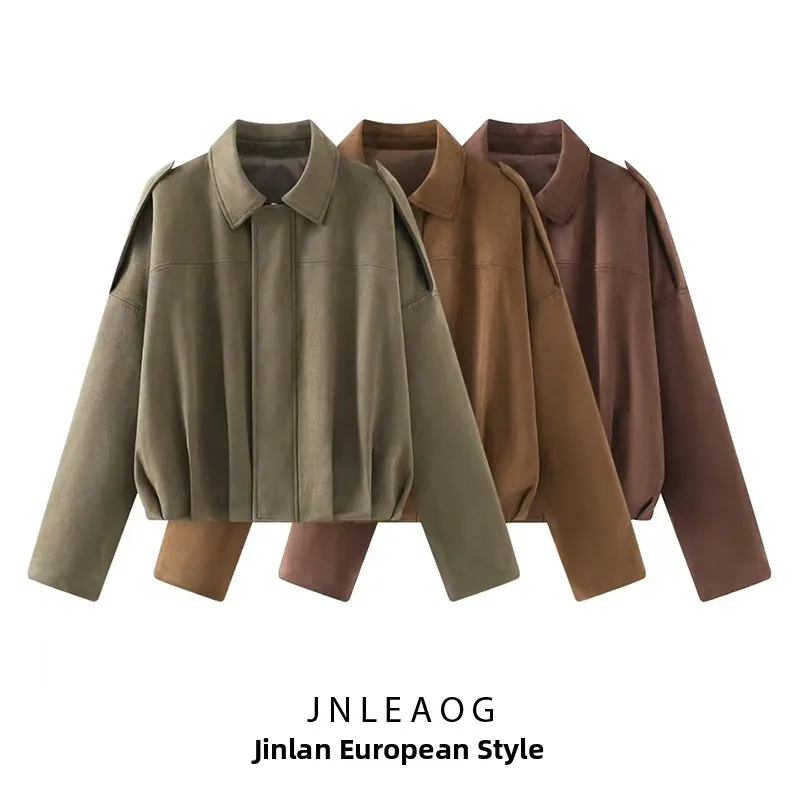 

JNLEAOG Autumn New Women's Faionable All-Match Design Faux Suede Jaet Outerwear Long Sve Button Closure Polyester