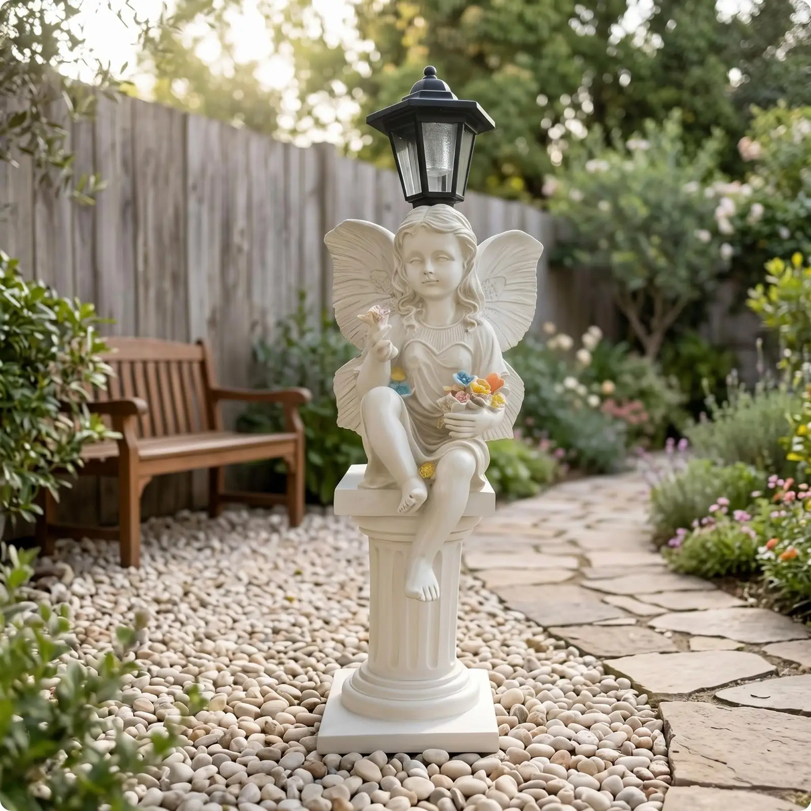 Solar Garden Angel Light Resin Statue with Roman Column Pedestal for Terrace Yard Night Illumination