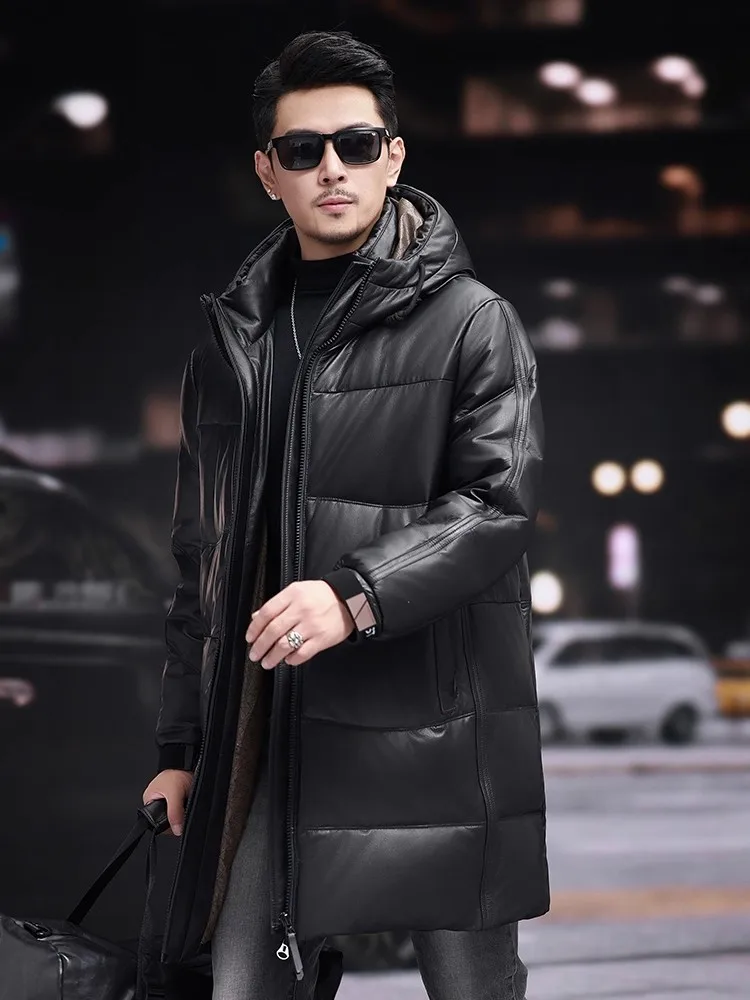 أعلى جودة الشتاء الرجال هودي طويل جلد البقر جلد طبيعي أوزة أسفل سترة سميكة معطف دافئ مستقيم سترة واقية خندق معطف #5