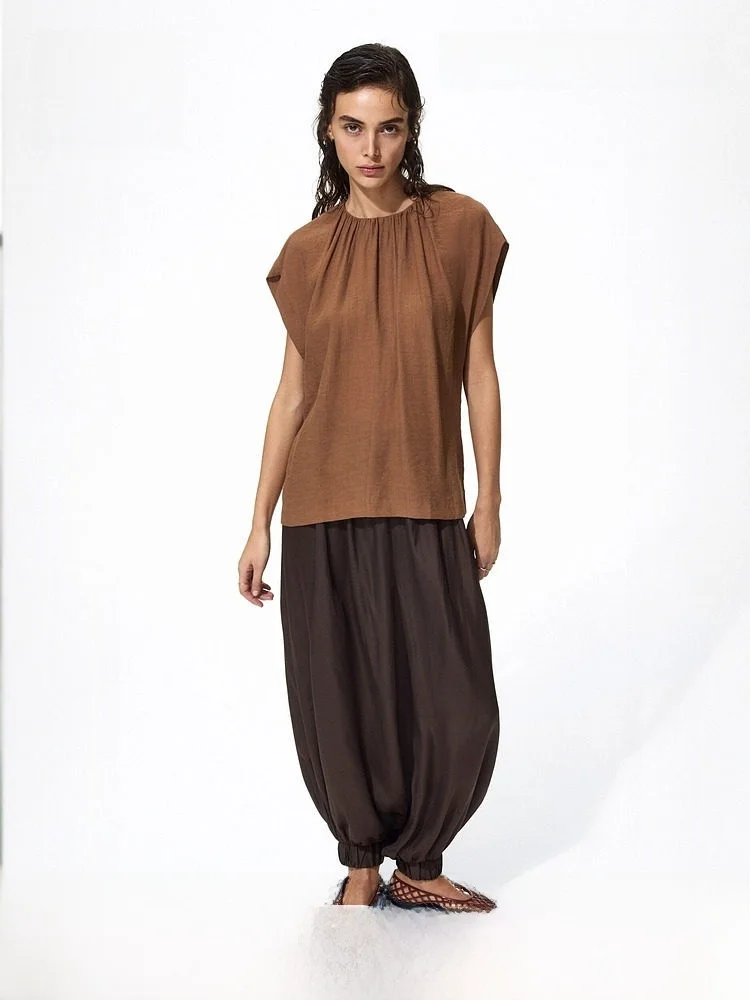 

H&M Summer New Women's Loose Style Pleated Top Casual Fashion Nylon Rayon Blend Short Sleeve round Neck Pullover Shirt