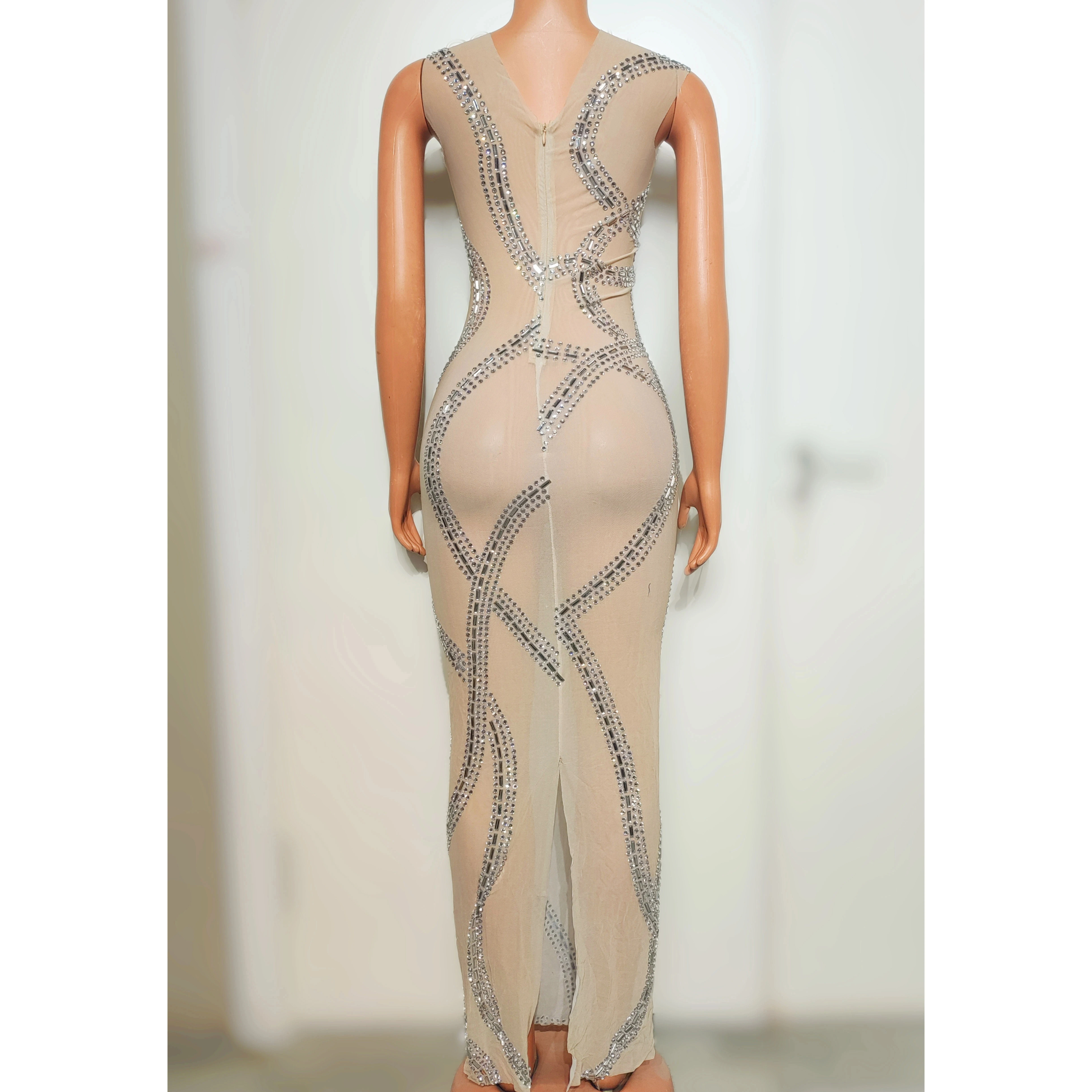 Sexy Perspectief Mesh Diamant Lange Jurk Nachtclub Bar Zangeres Party Prom Dance Team Thema Show Stage Performance Kleding