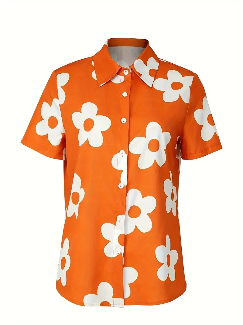 Fashion Women's Shirts & Blouses,Orange cute little daisy print Shirt,2024 Spring & Summer Large size Female Clothing Blouse Top