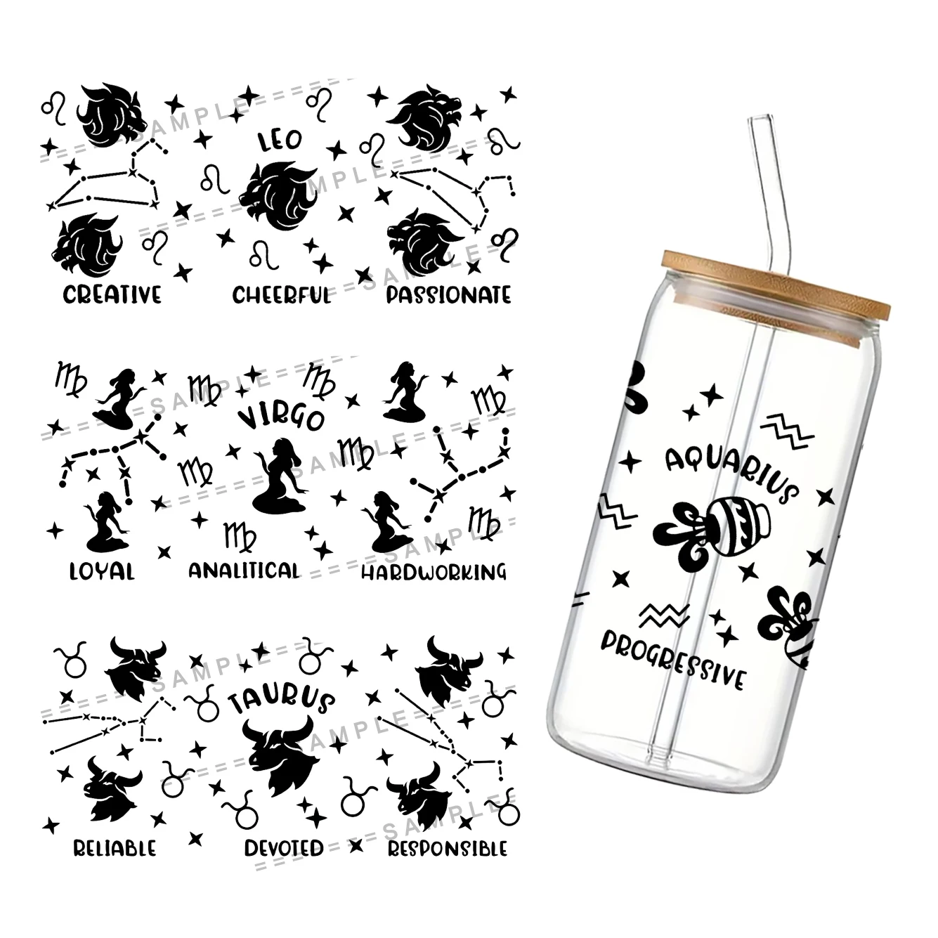 Zodiac Design UV DTF Transfer Sticker Waterproof Transfers Decals For 16oz Glass Cup Wrap Stickers