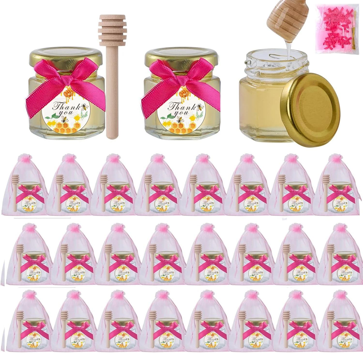 Mini Honey Jars with Dipper- Small Honey Jars for Baby Shower Party Favors,Wedding Favors,Glass Jars with Lids，Stickers，Gift Bag