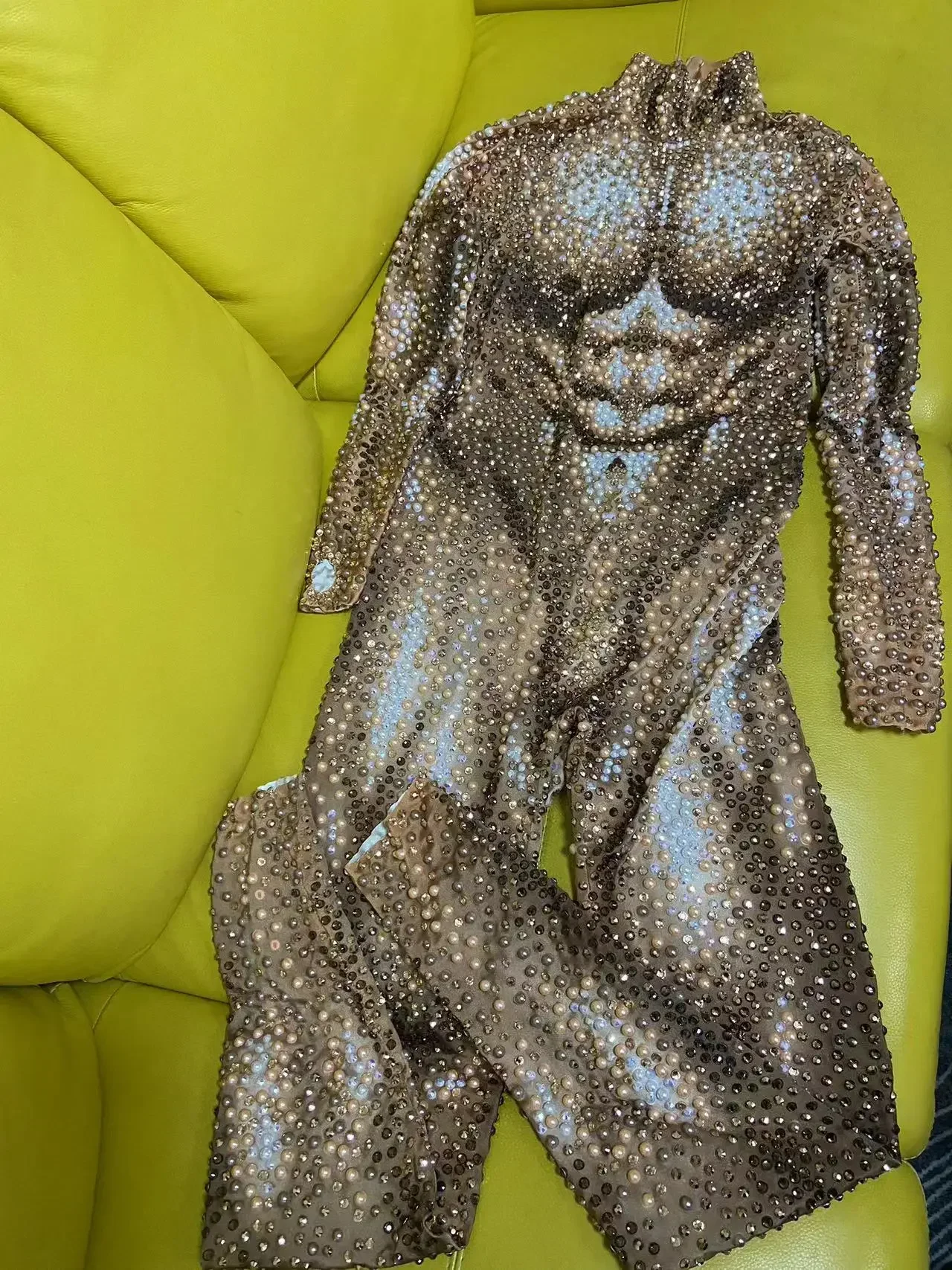 Luxurious Full Pearls Rhinestones Jumpsuit for Men Elastic Leotard Sexy DJ Nightclub Outfit Performance Dance Costume Stage Wear