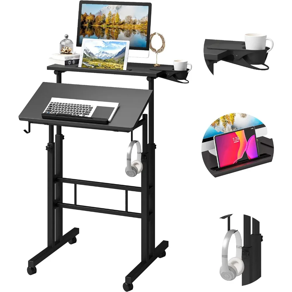 Altura ajustável em pé Desk com suporte para copo, preto, portátil, fácil de mover, ideal para casa ou escritório