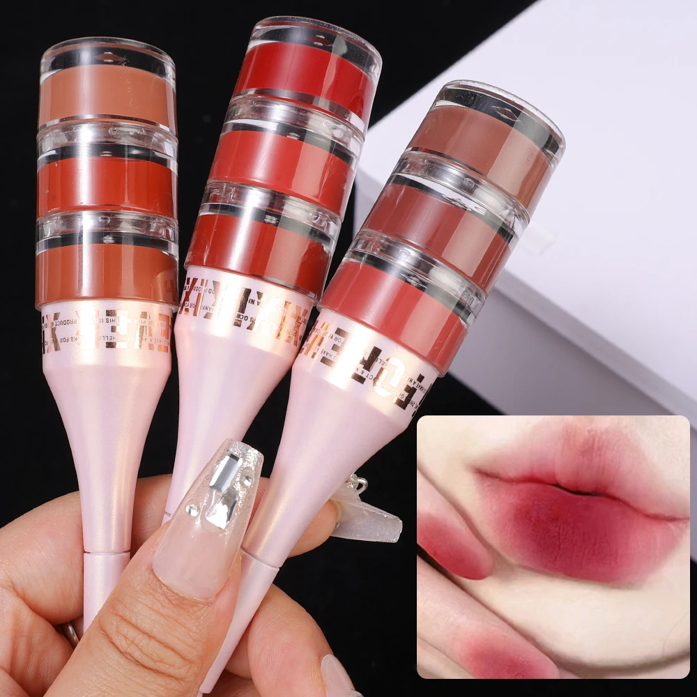 3 In 1 Matte Fluwelen Lip Modder Blush Waterdichte Mousse Ingeblikte Lippenstift Blijvende Nude Bruine Lippen Tint Modder Met Borstel Make-Up Cosmetica