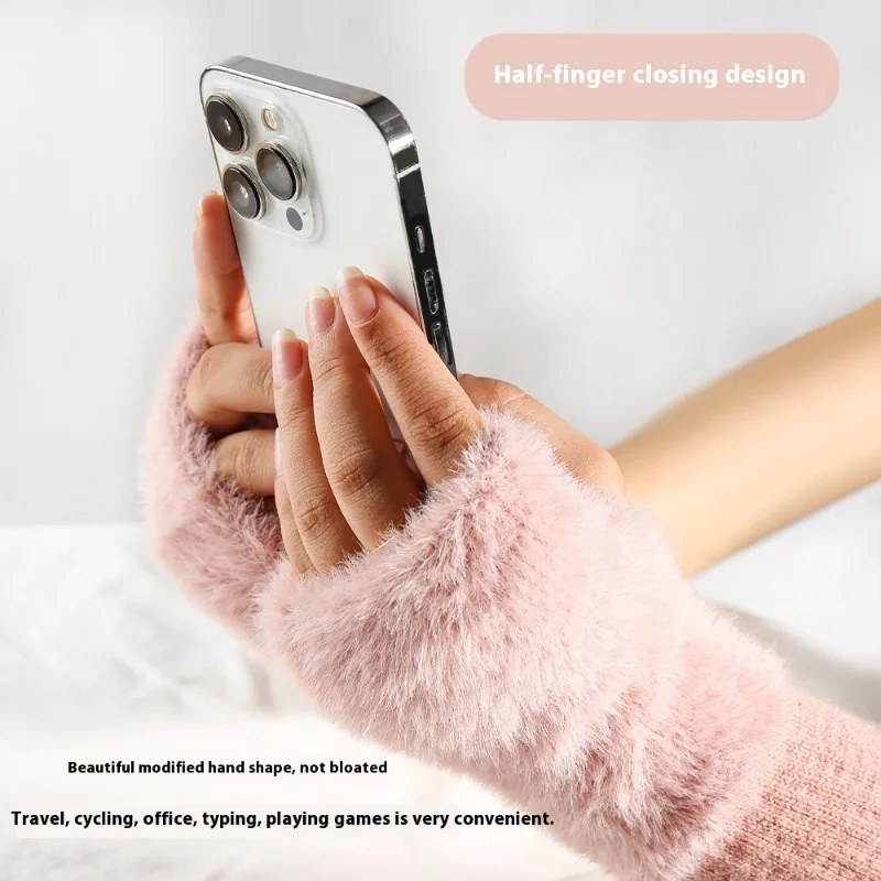 Winter Knit Fingerless Gloves Women Fleece Lined Thermal Keep Warm Touchscreen Half Finger Gloves Outdoor Writing Cold Weather
