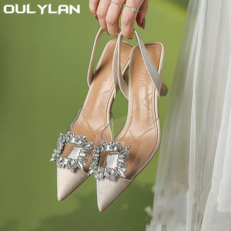 Oulylan Fashion New Sexy Banquet Comfortable Crystal Transparent Solid Color Pointed Toe Women's High Heels