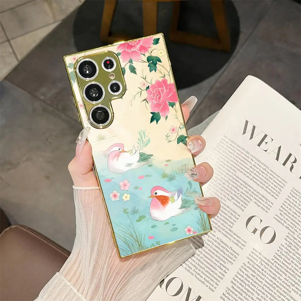 Lovers Lagoon Mandarin Ducks Phone Case For Samsung Galaxy S25 S24 S23 Ultra Phone Cover Electroplated Metal Frame Case