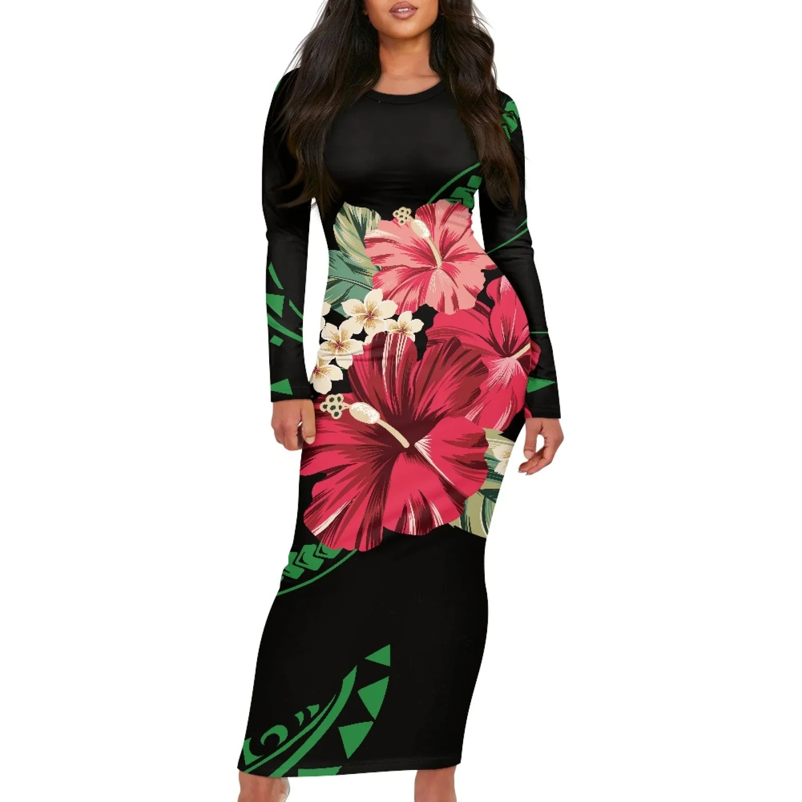 Polynesian Tribal Samoan Totem Tattoo Samoa Prints Lady Slim-Fit Sexy Hibiscus Long-Sleeved Dress Elegant Party Women's Clothing