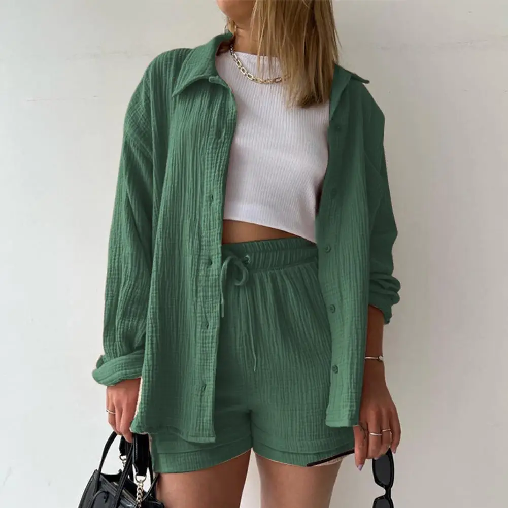 Elastic Waist Shorts Outfit Chic Women's Shirt Shorts Set Stylish Lapel Collar Blouse with High Waist Loose for Fashionable