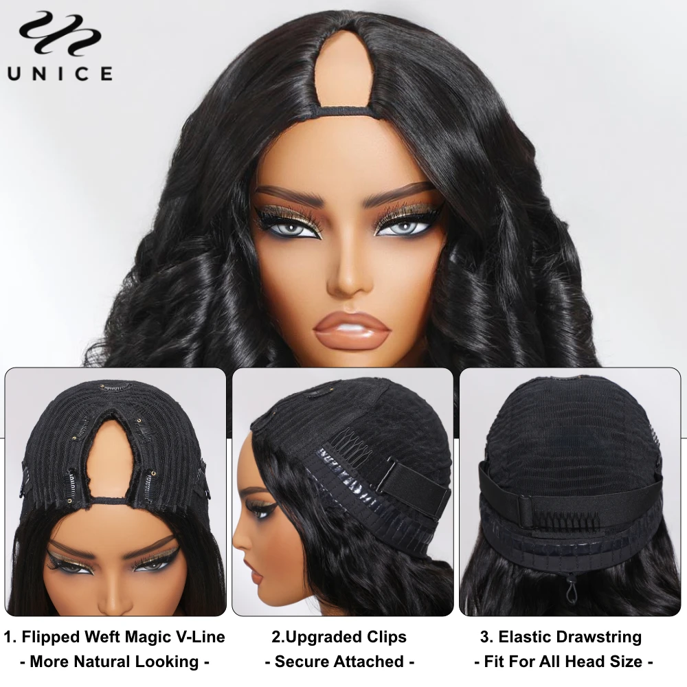 UNICE Hair Drawstring Ombre Chestnut Brown Curly V Part Wigs Human Hair Clip-in Upgrade U Part Wig Mini Leave-out 150% Density