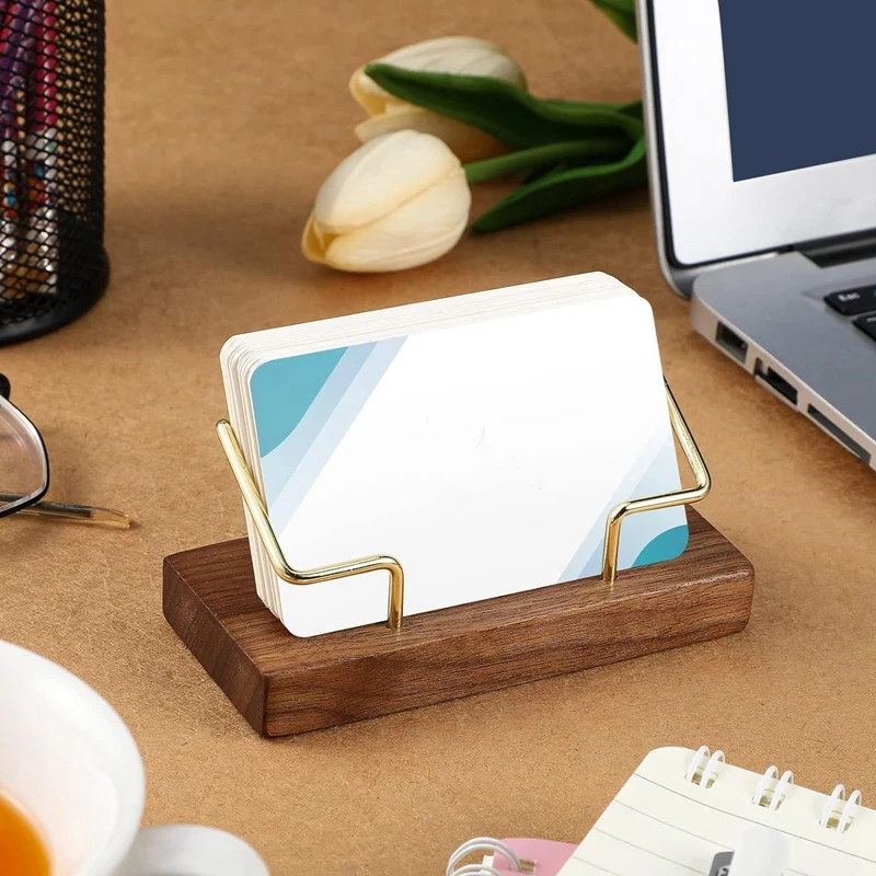 4 PCS Wood Business Card Holder Gold Card Holder Stand Name Card Organizer Wood+Metal Name Card Business Card Display Holders