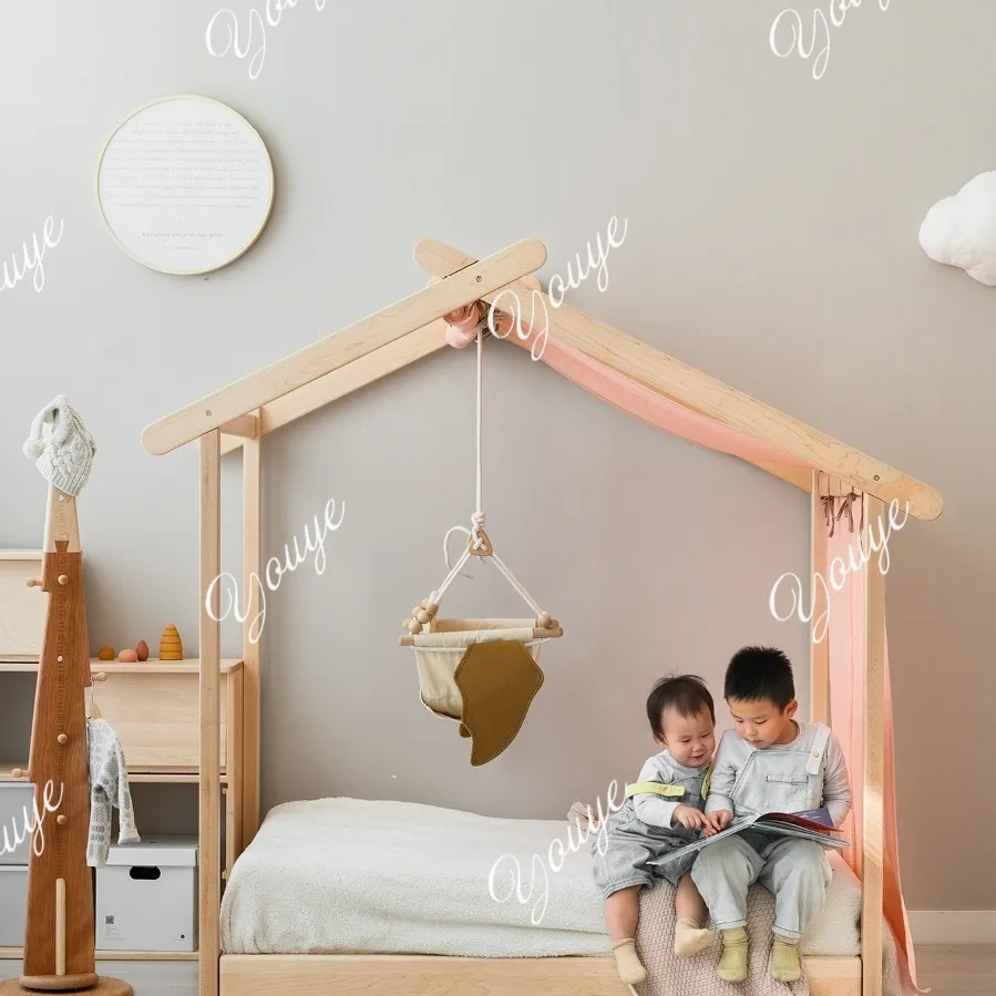 Cama de paletas totalmente de madera maciza con cajón de almacenamiento, cama para niños, columpio de madera maciza de arce para niños