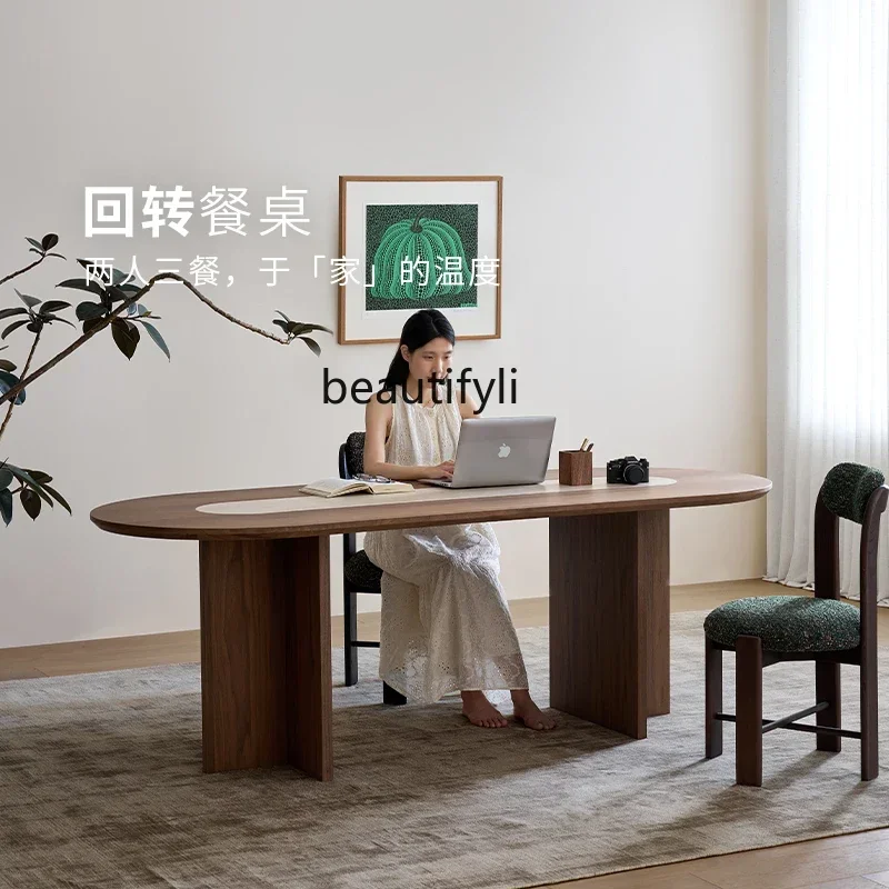 

New style Medieval style solid wood oval retro designer home walnut color travertine dining table