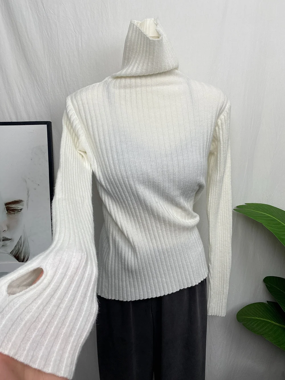 

Утепленный вязаный свитер с высоким воротником и длинными рукавами, белый, универсальный, зимний, комфортный, дышащий