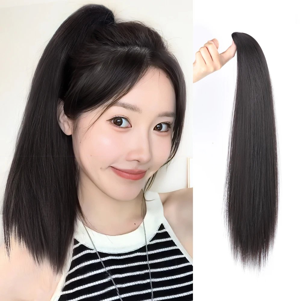 Cabelo de rabo de cavalo sintético para mulheres, rabo de cavalo reto longo resistente ao calor, cabelo castanho reto natural