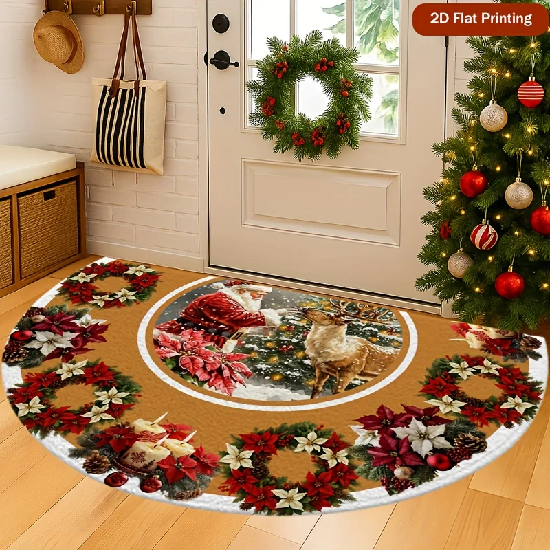 VIKAMA Christmas Semicircle Poinsettia Door Mat Non Slip Absorbent Rug for Entryway Kitchen Bedroom Holiday Decor Washable Mat