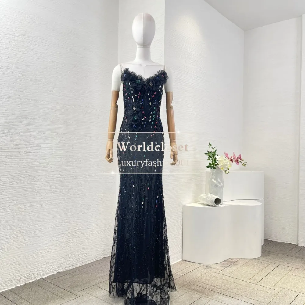 

Black Sleeveless Pearl Sequin Floral Print Mermaid Fishtail Maxi Evening Dresses 2025