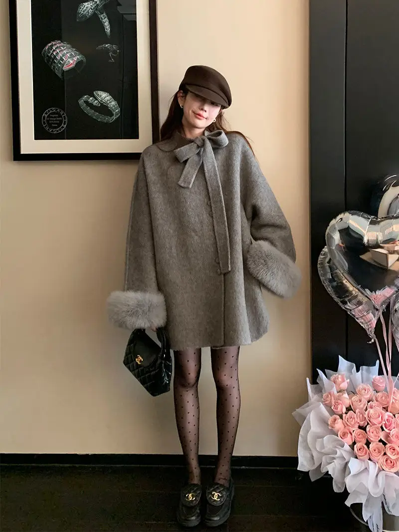 

Sweet Hot Girl Lace-up Bow Woolen Coat Women's Autumn and Winter Detachable Fur Loose Long-sleeved Coat Fashion Female Clothes