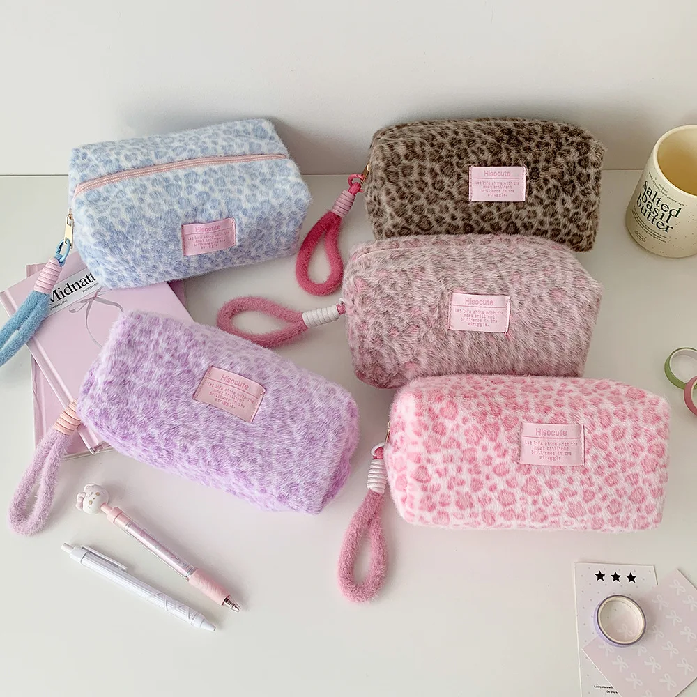 Plush Pink Color Leopard Print Schoolgirl Makeup Bag Large Cosmetic Tote Bag for Women Cute Portable Travel Hand Carry Organizer