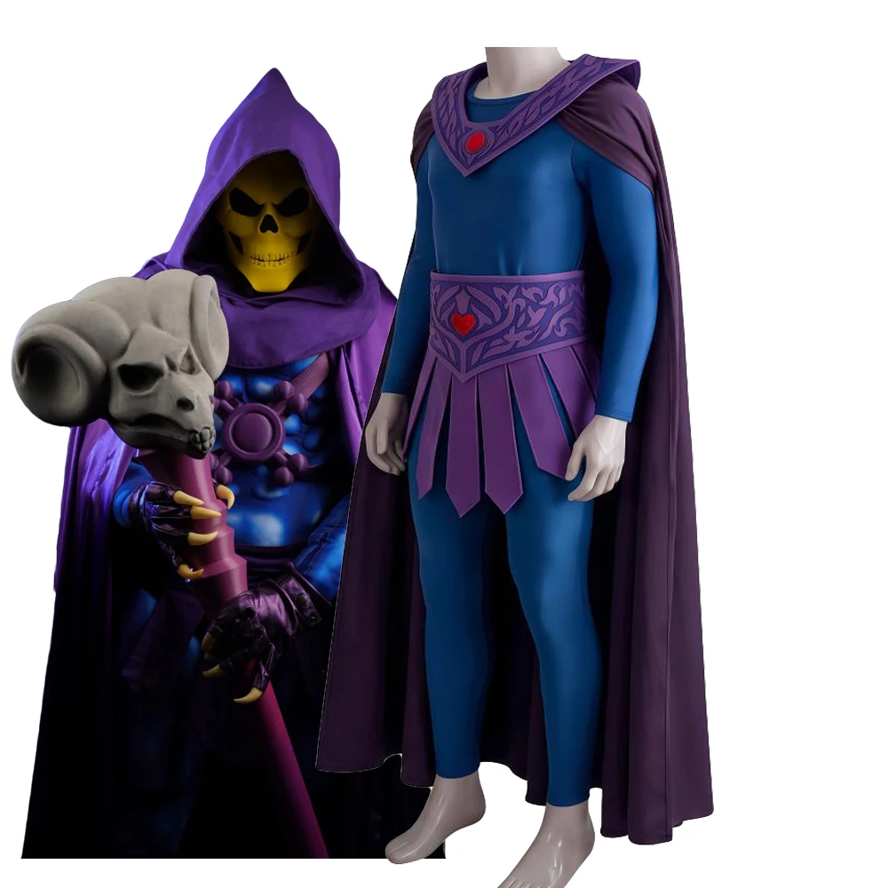 Disfraz de Skeletor, Mono Azul con Cinturón, Capa Morada con Capucha, Conjunto de Uniforme, Disfraz de Rey de los Esqueletos, Traje para Halloween y Carnaval para Hombre