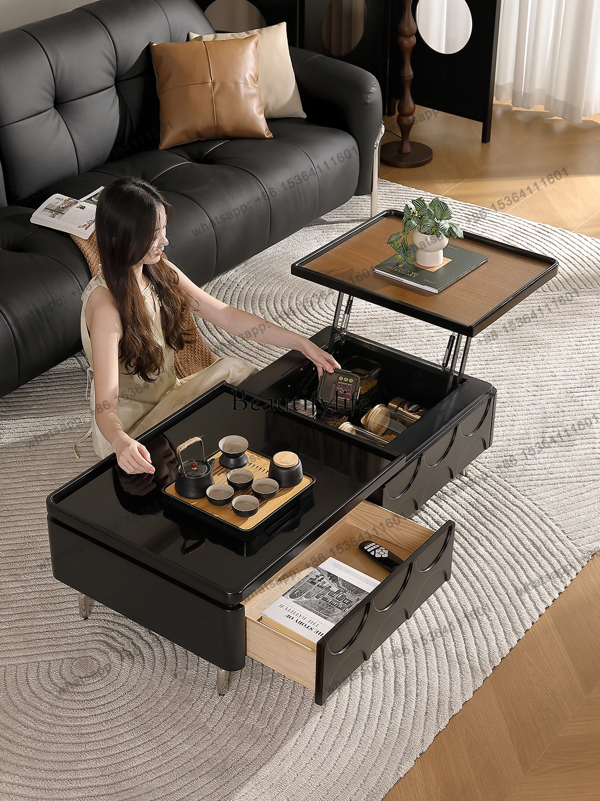 CJSolid Wood Coffee Table Simple Living Room Home High-end Black Medieval Retro Coffee Table