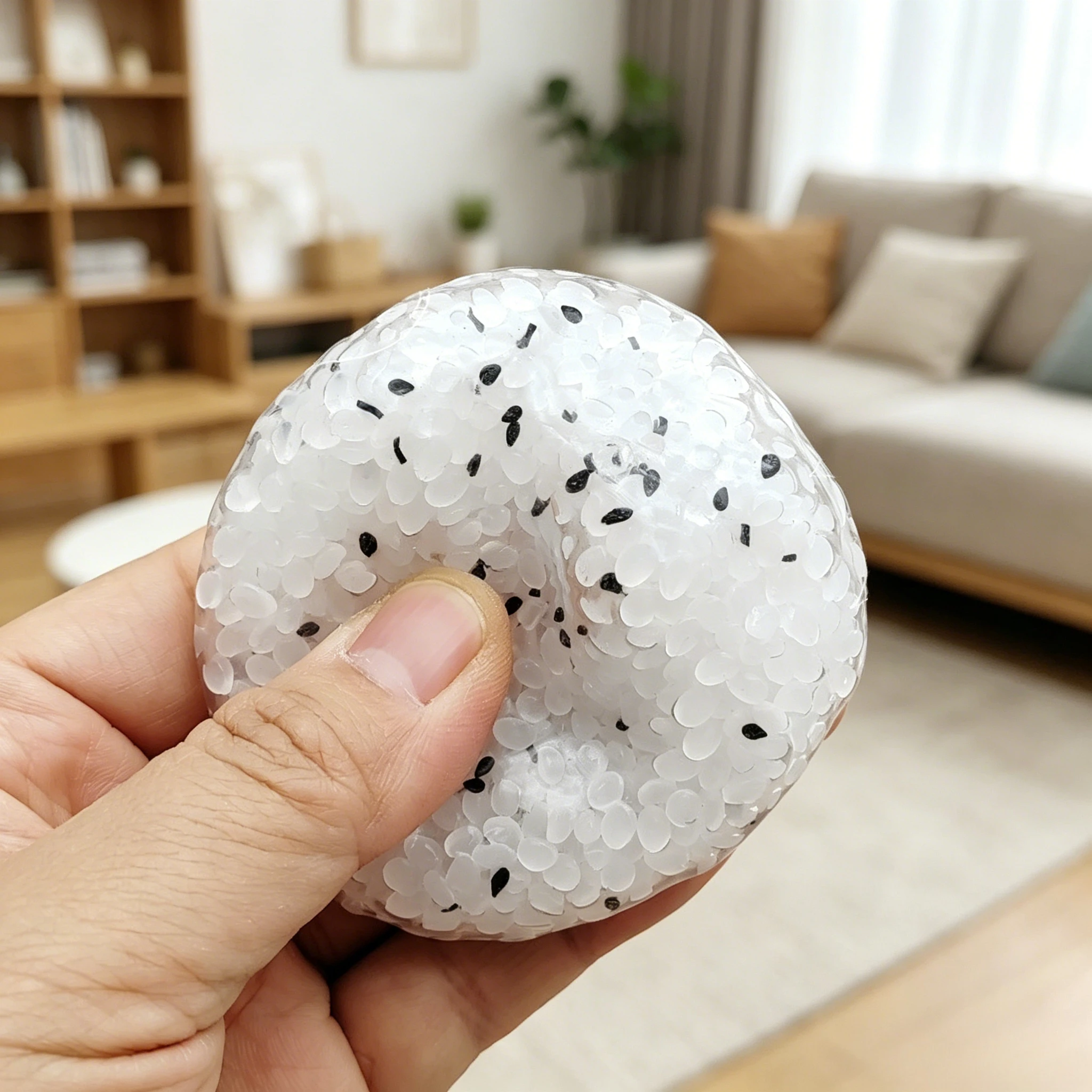 Pelota Antiestrés de Arroz de 6cm, Juguete Sensorial con Cuentas de Arroz Transparentes y Sésamo Negro, Pelota Blanda para Aliviar la Ansiedad, Juguete Sensorial para Adultos, Niños, Oficina, Hogar, Regalo de Descompresión