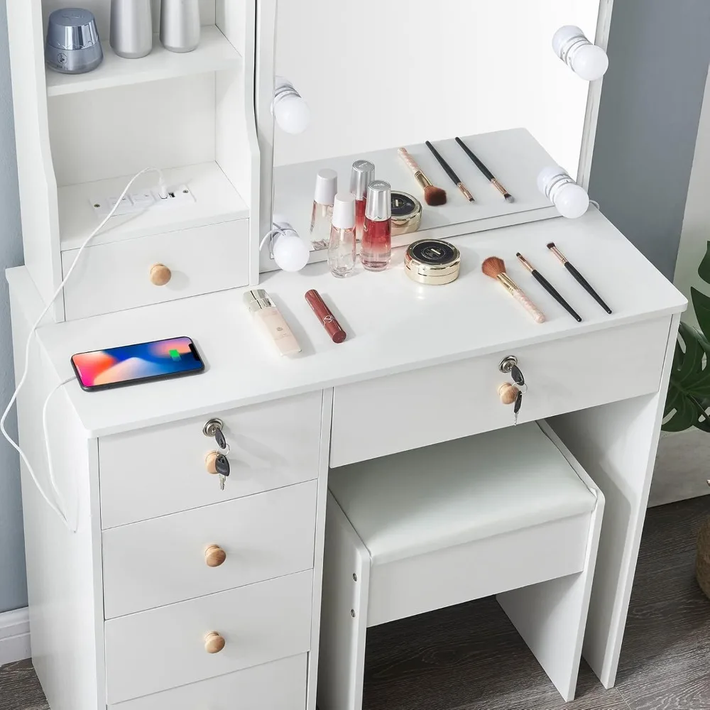 Makeup Vanity with LED Mirror & Power Outlet, White Makeup Vanity Set, Clearance Makeup Vanity with 3 Lighting Colors, Brightnes
