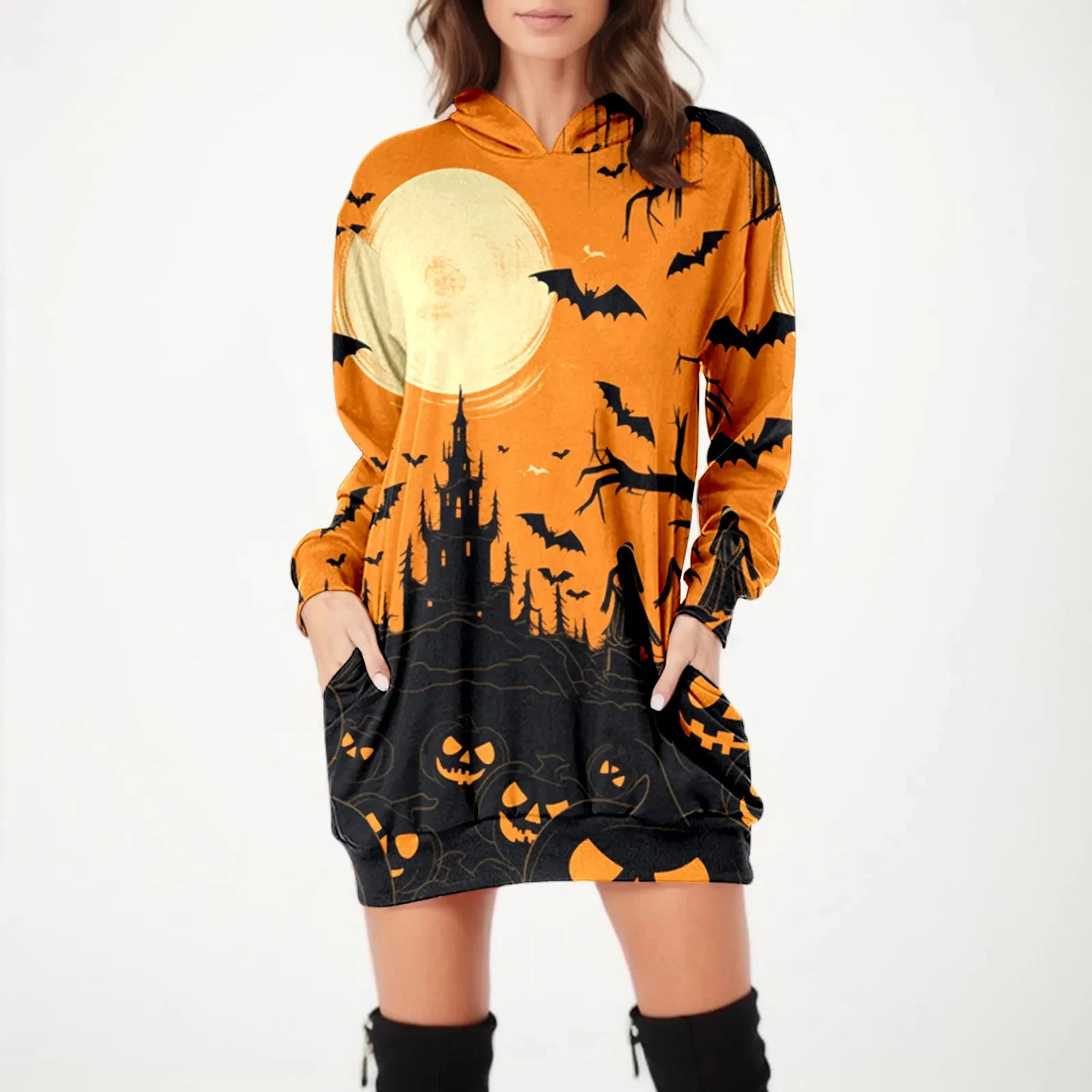 Robe à capuche imprimée en polaire noire pour femmes, sweats à capuche d'horreur, pull à manches longues, t-shirt de poche, Halloween, automne, 03