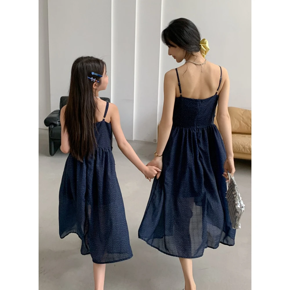 2026 Summer Family Matching Outfits Navy Blue Polka Dot Cami Midi Dress & T-Shirt Set For Mom Dad Kids Beach Vacation Wear 5