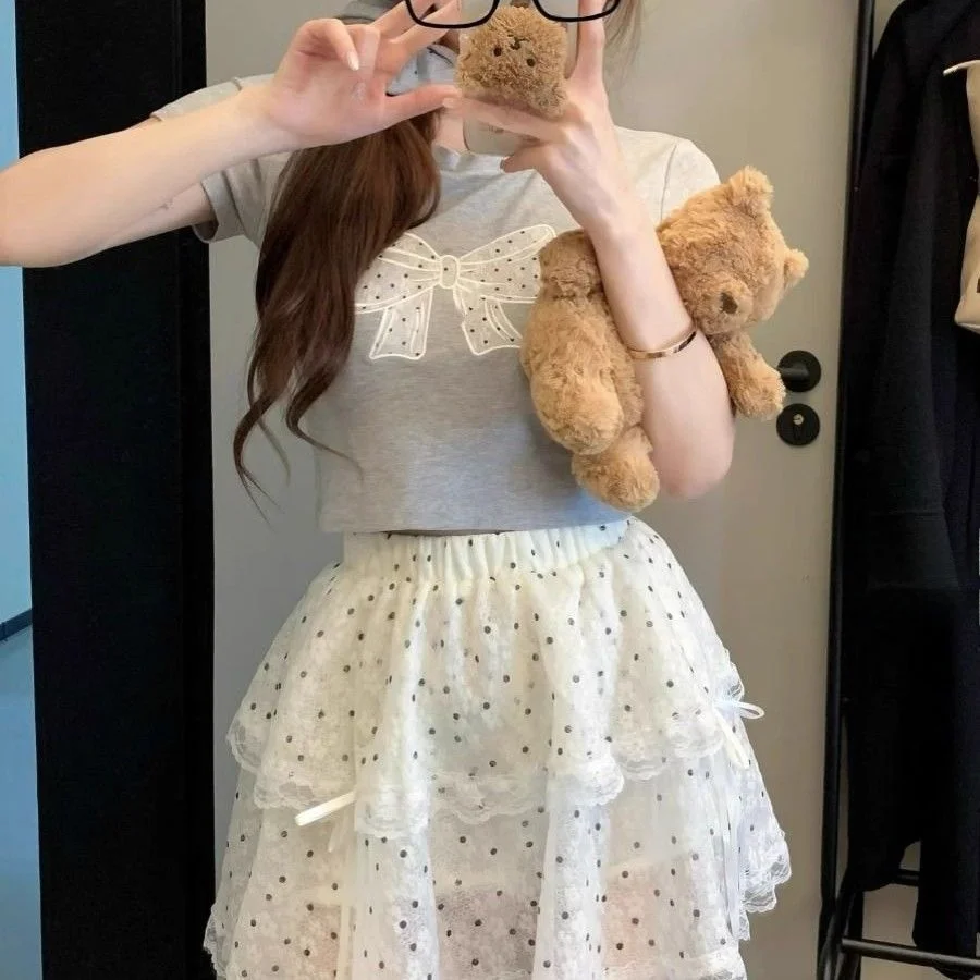 

Fashionable Spicy Girl Set Women's Knot Embroidery Short Sleeve T-Shirt Summer Polka Dot A-Line Skirt Cake Ski...