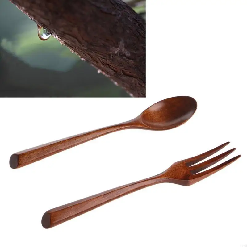 F19B Set Wooden Dinner Spoon Fork Cutlery Salad Cooking Dining Utensil Tableware