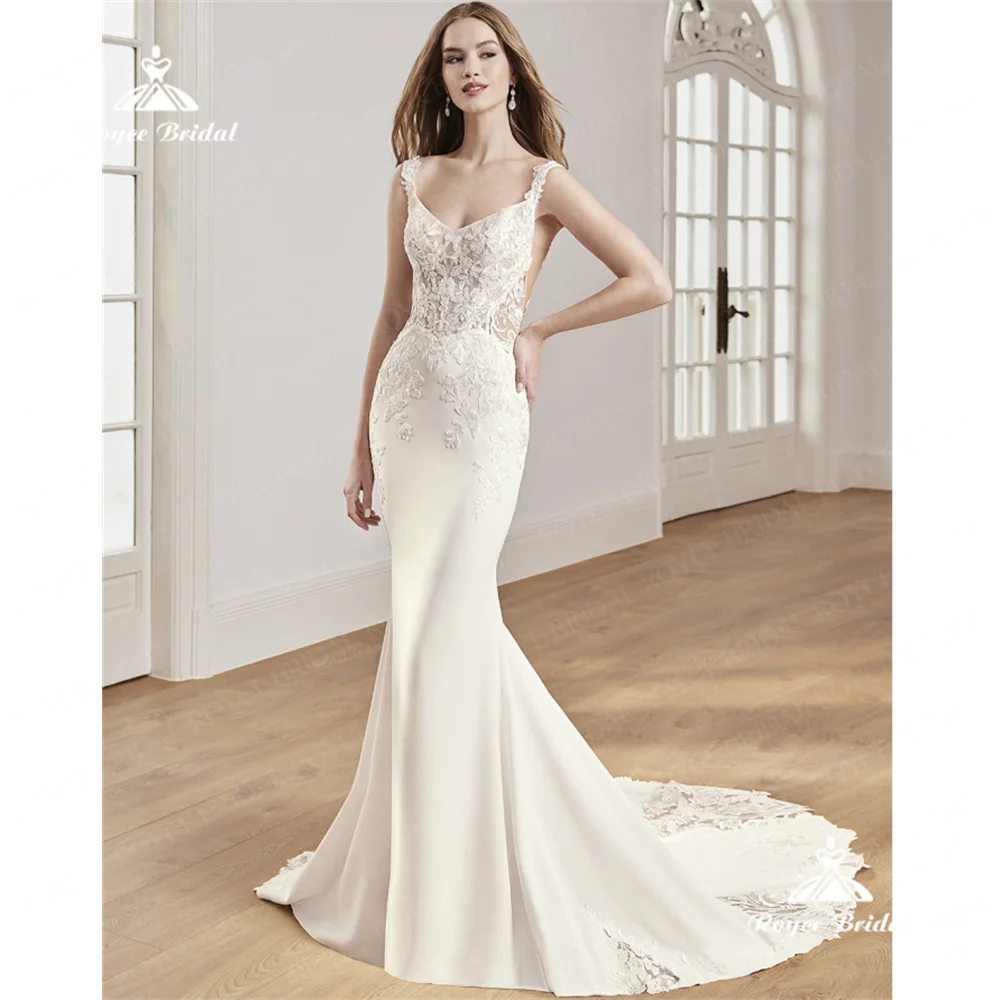 Roycebridal-V-Neck فستان زفاف حورية البحر ، ساتان عاري الظهر بالدانتيل ، فساتين قطار المحكمة ،