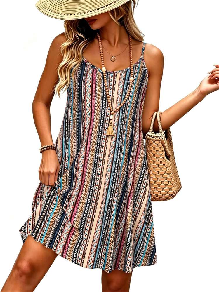 Women's Summer Multicolor Asymmetrical Striped Spaghetti-Strap Dress Simple Casual and Stylish Round-Neck Dress with Pockets