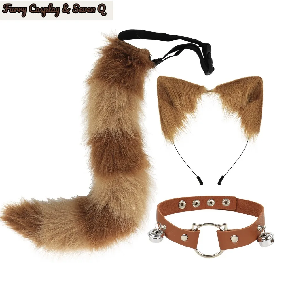 Cat Ears and Wolf Fox Animal Tail Cosplay Costume Faux Fur Hair Clip Headdress Halloween Leather Neck Dress Up Set